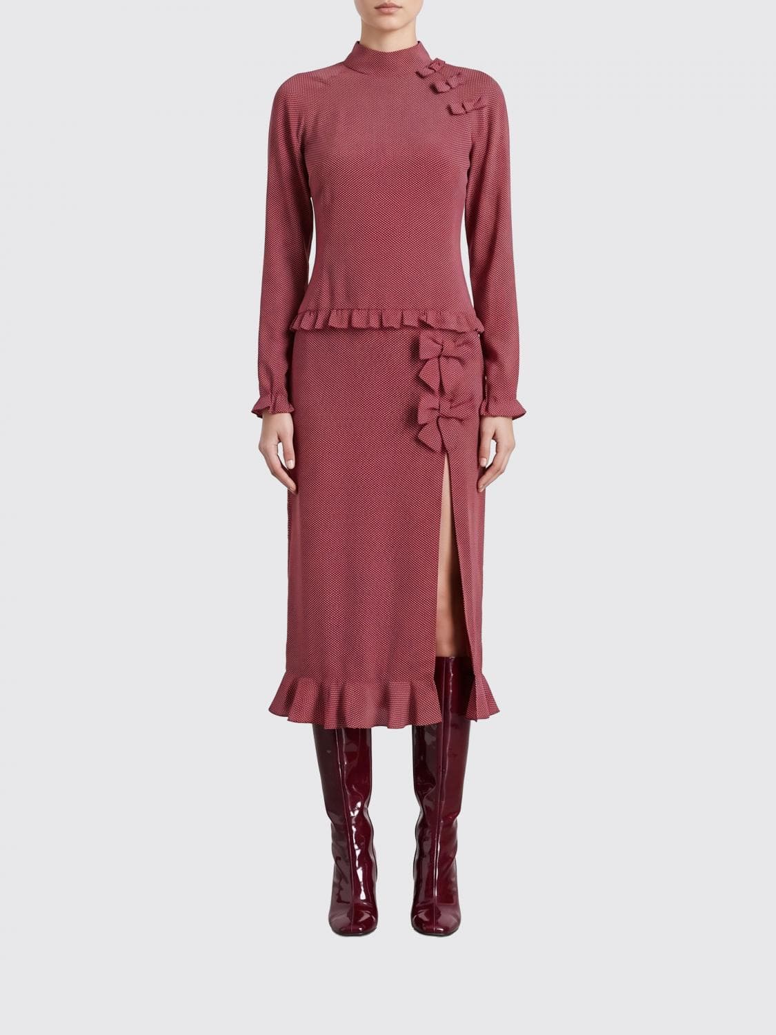 Alessandra Rich Polka-Dot Silk Midi Sheath Dress with a High Neck and Bow