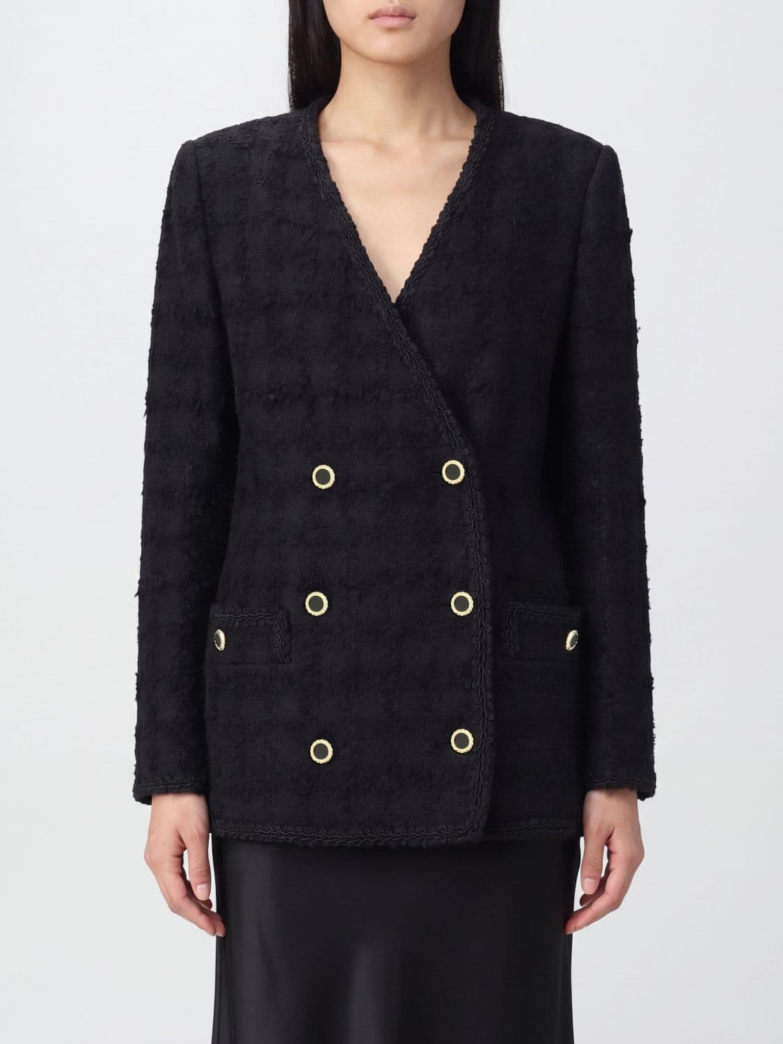 Alessandra Rich Double-Breasted Bouclé Blazer with Metallic Buttons