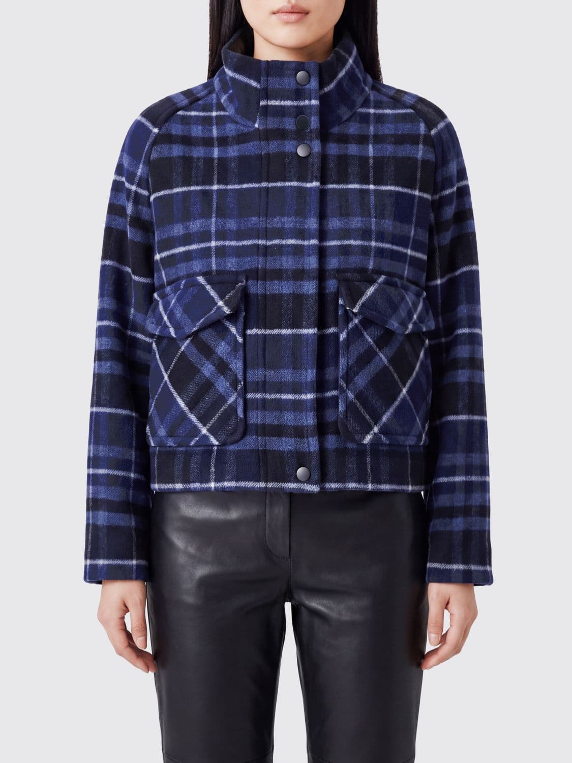Pinko Single-Breasted Tartan Wool Bomber Jacket with Funnel Neck