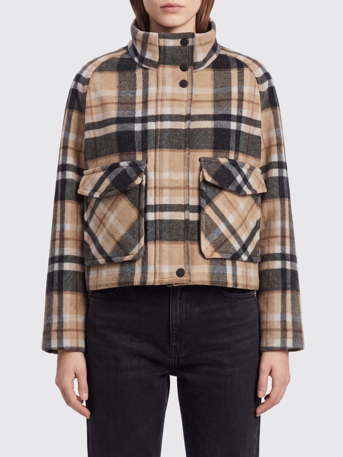 Pinko Single-Breasted Tartan Wool Bomber Jacket with Funnel Neck