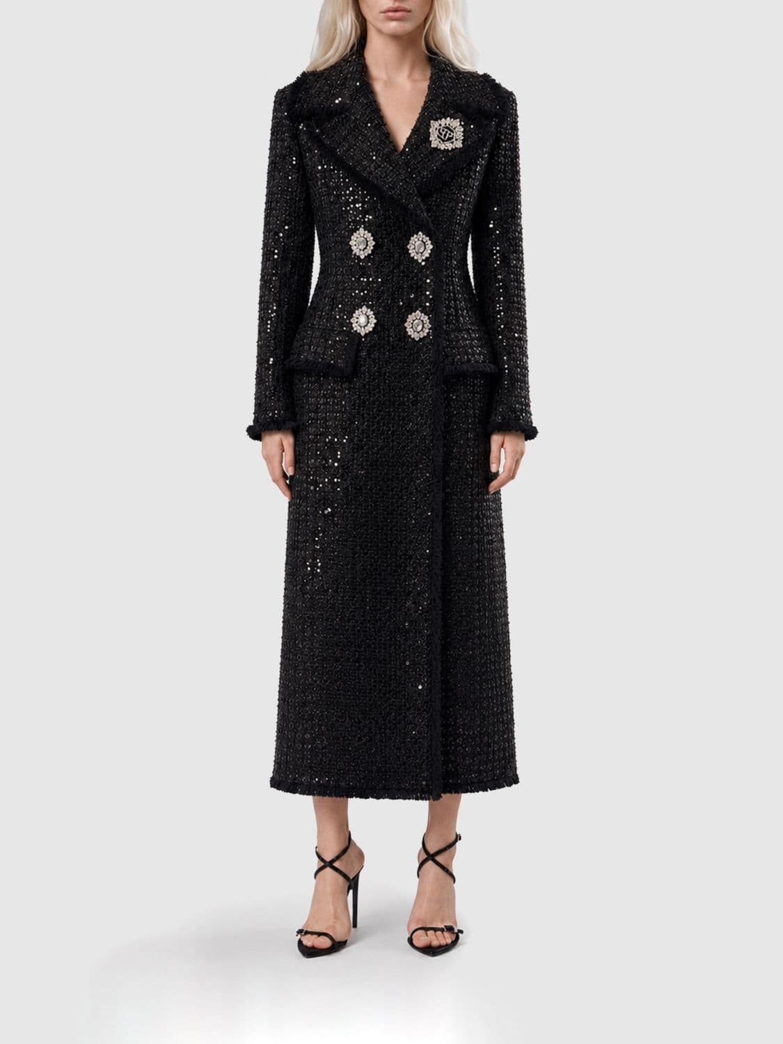 Philipp Plein Long Double-Breasted Tweed Coat with Sequin Embroidery