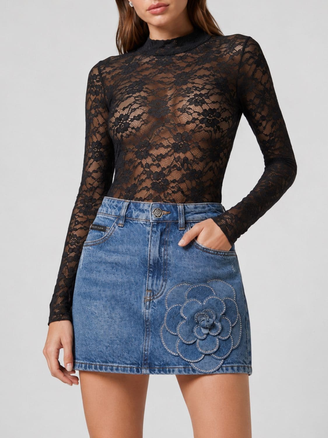 Philipp Plein High-Neck Long-Sleeved Lace Bodysuit with Slim Fit