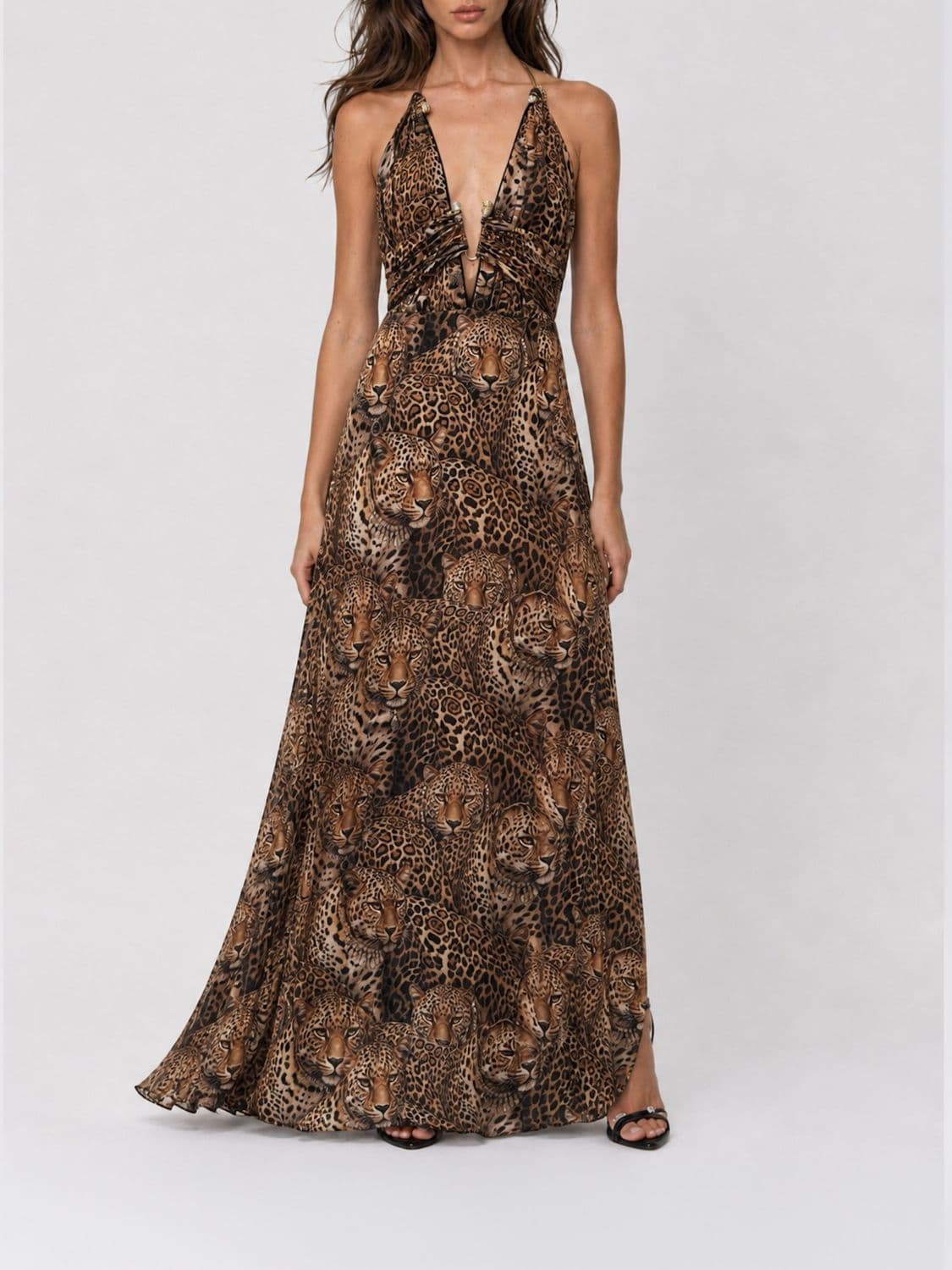 Philipp Plein Flared Long Dress with Animal Print and Off-the-Shoulder Design
