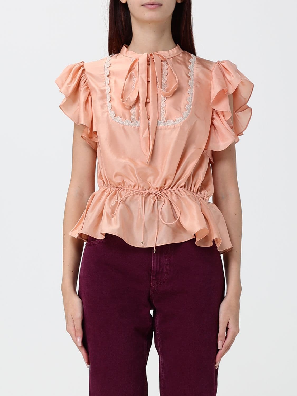 Chloé Draped Pure Silk Blouse with Ruffled Hem