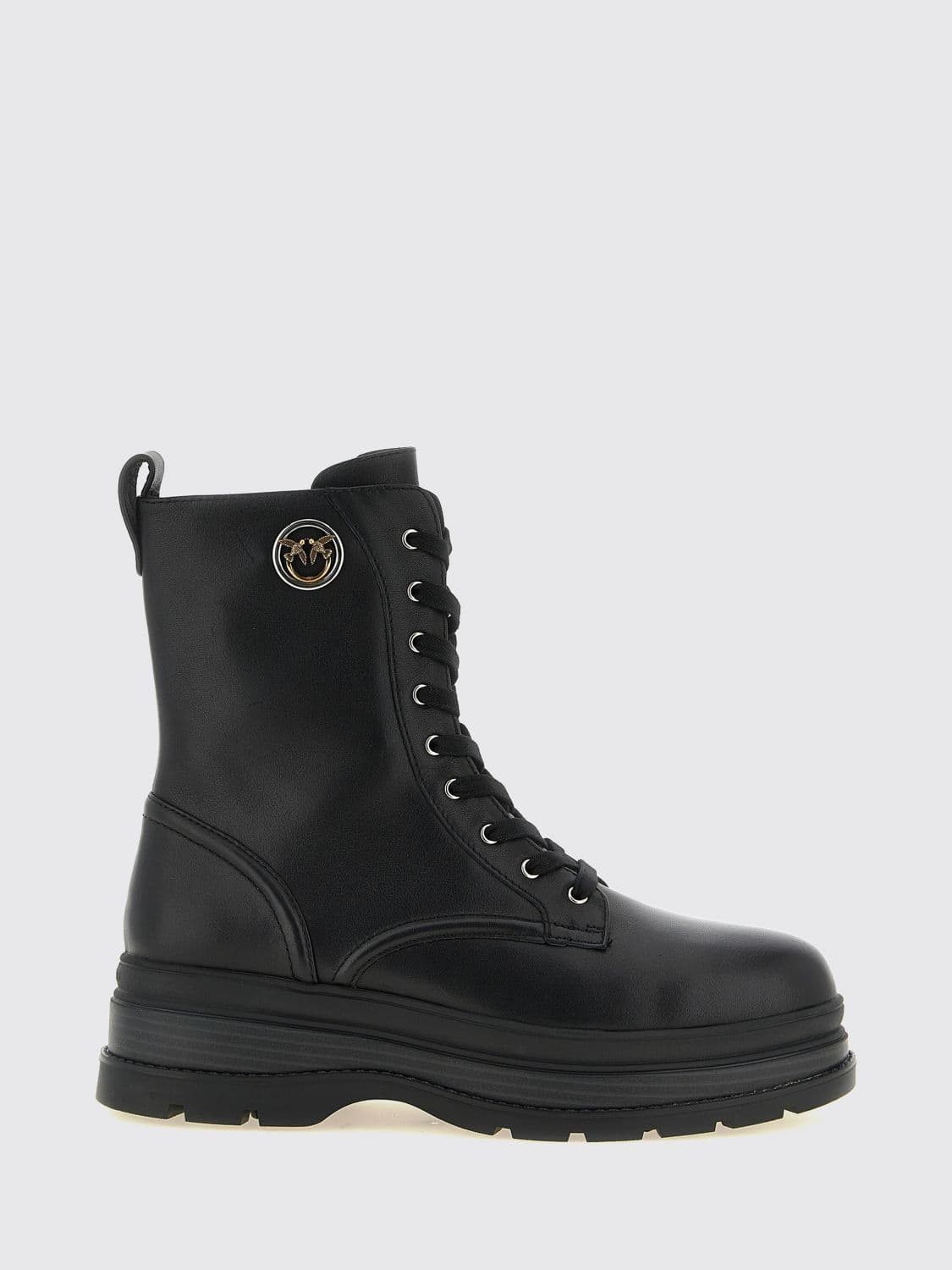 Pinko Eva Leather Combat Boots with Love Birds Logo and Lug Sole