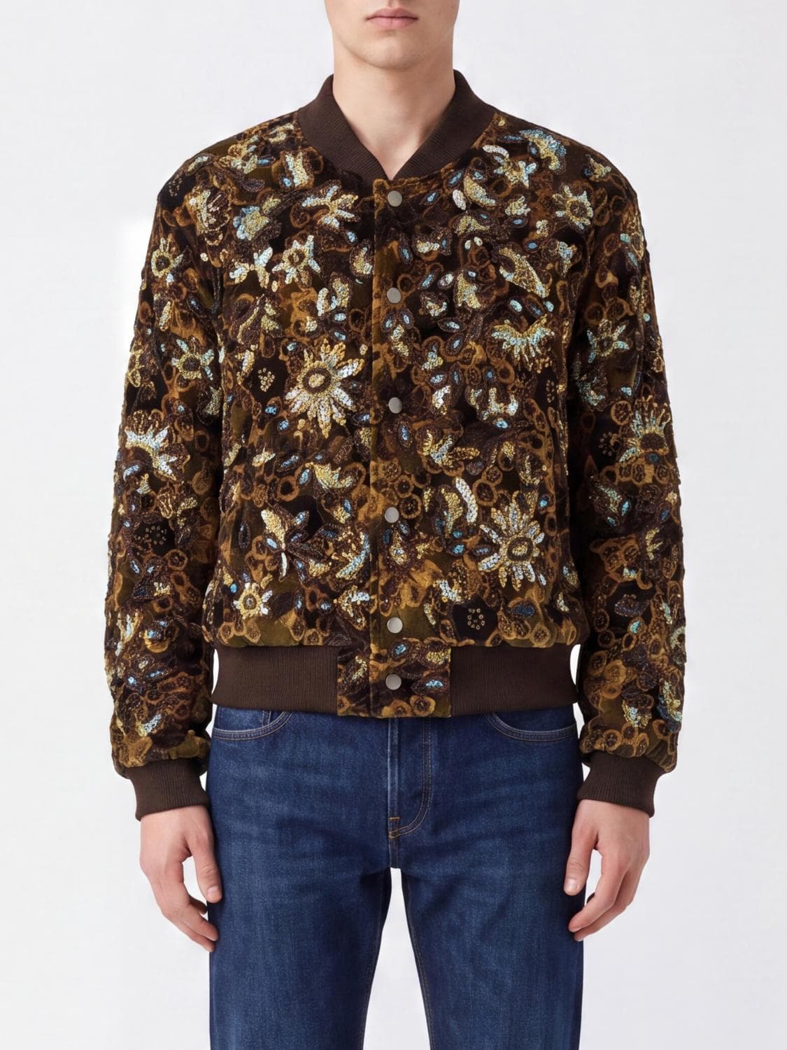 Dries Van Noten Cotton Blend Bomber Jacket with Ethnic Embroidery and Sequins