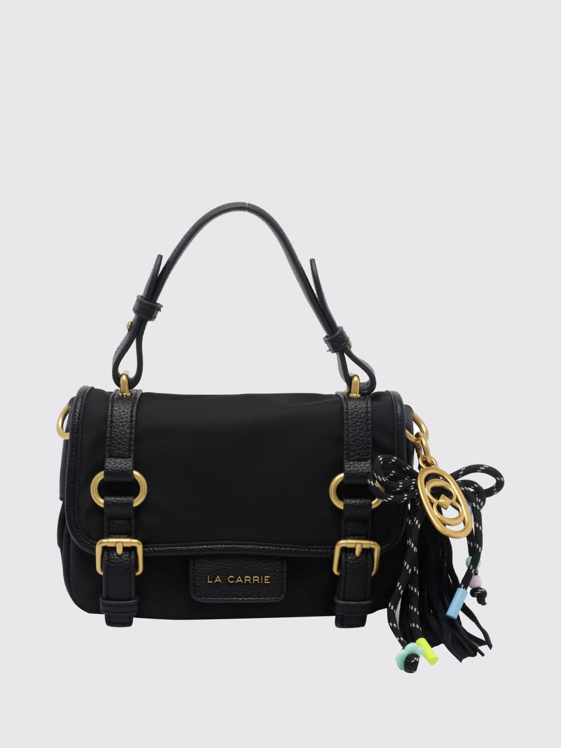 La Carrie Nylon Mini Handbag with Magnetic Flap Closure and Logo Charm