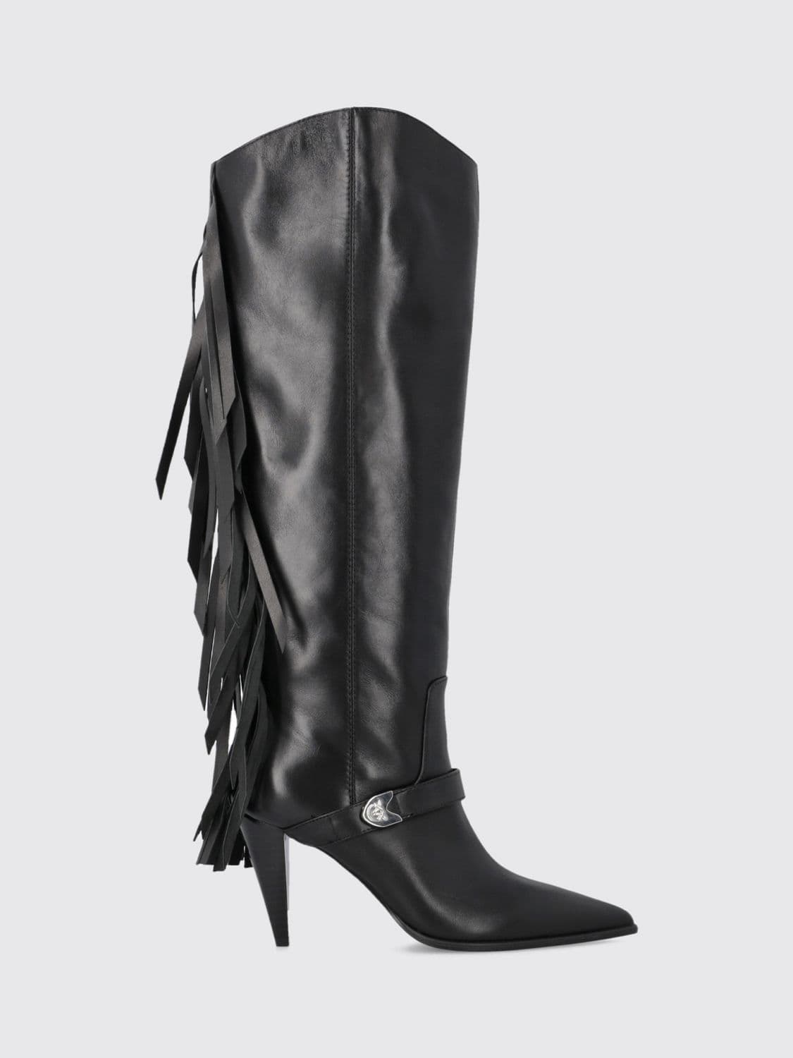Pinko Vane Fringed Leather Knee-High Boots with High Heel