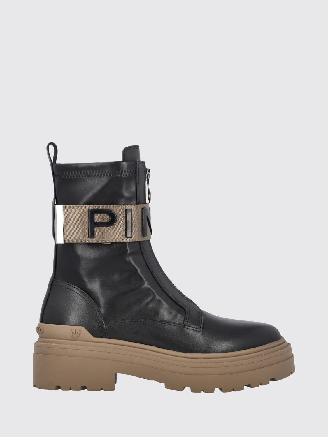 Pinko Mia Leather Biker Ankle Boots with Lettering Logo and Lug Sole
