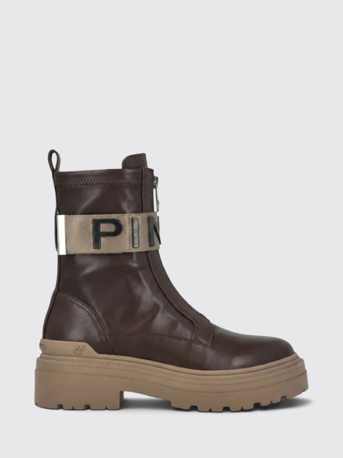 Pinko Mia Leather Biker Ankle Boots with Lettering Logo and Lug Sole