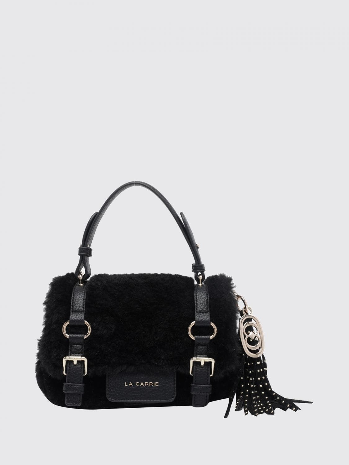 La Carrie Faux Fur Mini Handbag with Fringes, Logo Charm and Flat Handle · OS