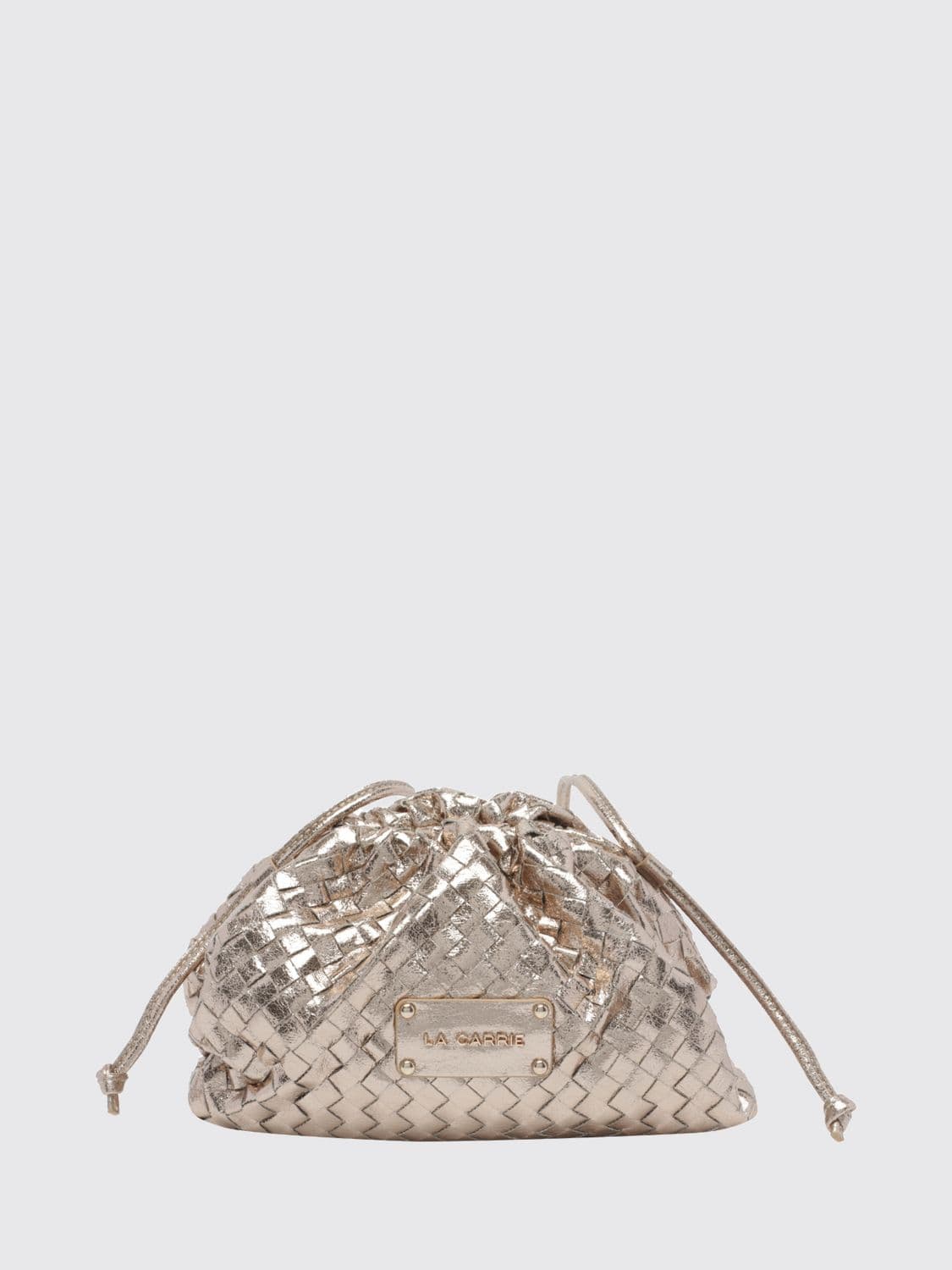 La Carrie Woven Leather Mini Bucket Bag with Drawstring Closure