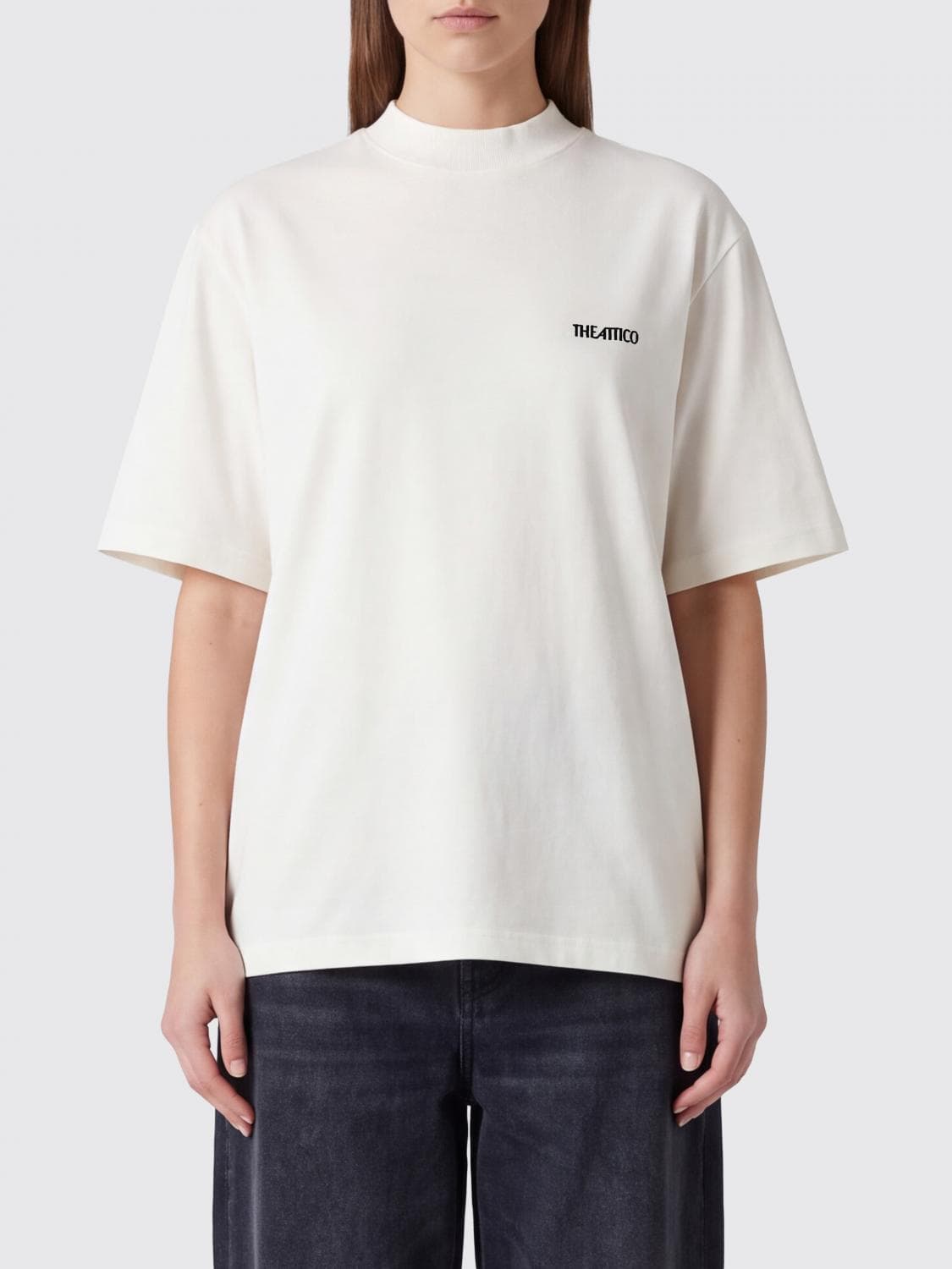 The Attico Cotton Crewneck T-shirt with Dropped Shoulders and Tone-on-Tone Logo
