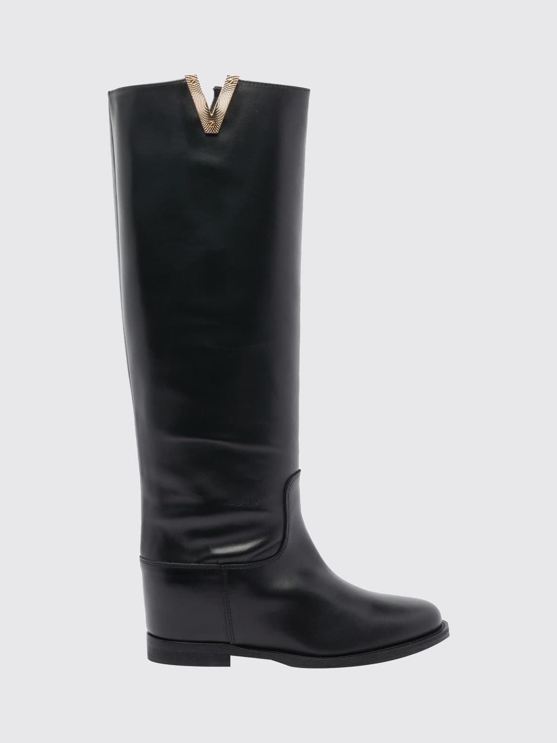 Via Roma 15 Knee-High Wedge Boots in Calfskin Leather with Logo