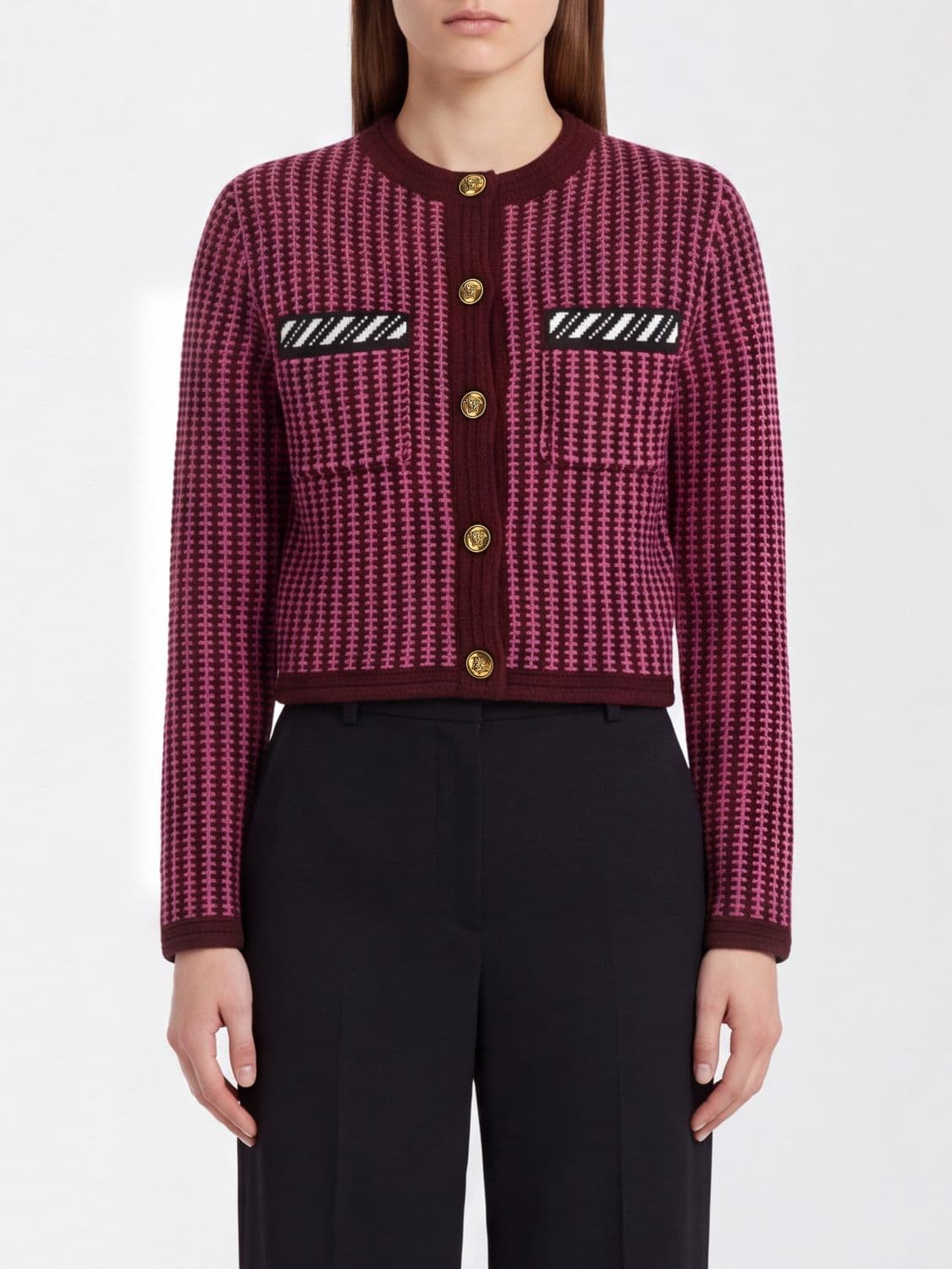Versace Striped Virgin Wool Crewneck Cardigan with Patch Pockets