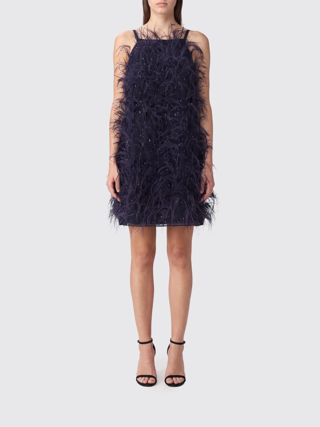 Pinko Georgette Mini Ceremony Dress with Feathers and Beads