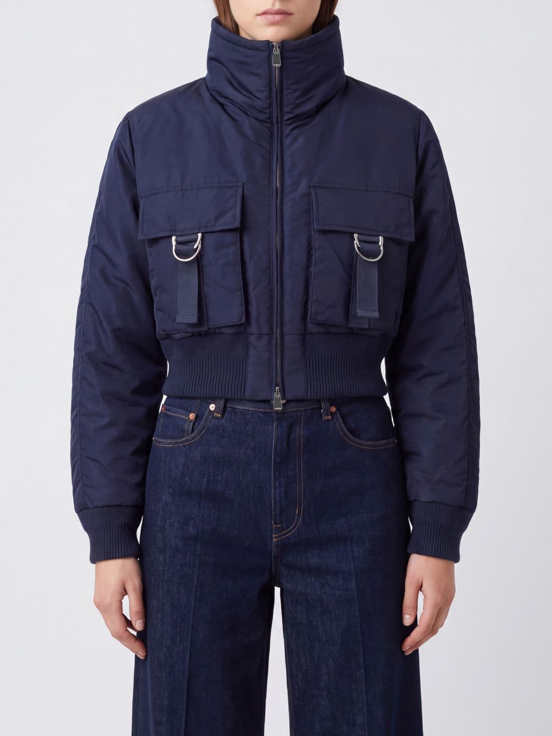 Pinko Nylon Bomber Jacket with a High Neck, Belted Waist and Love Birds Logo