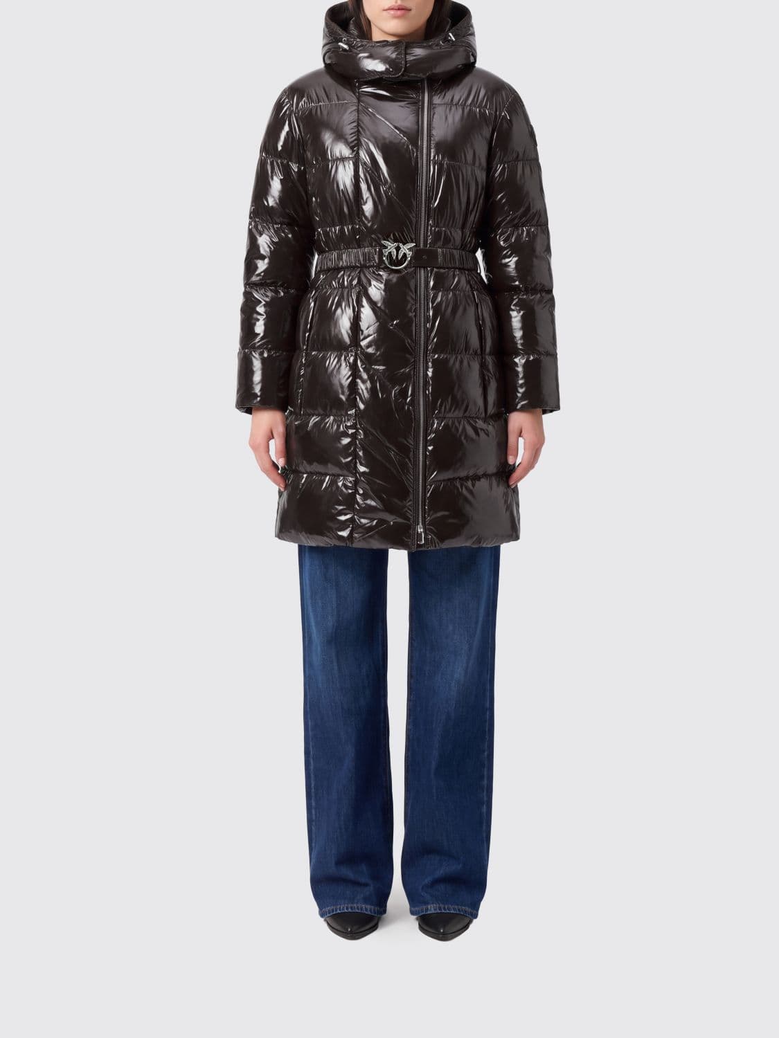 Pinko Knee-Length Quilted Puffer Jacket with a Hood and a Logo Buckle Belt