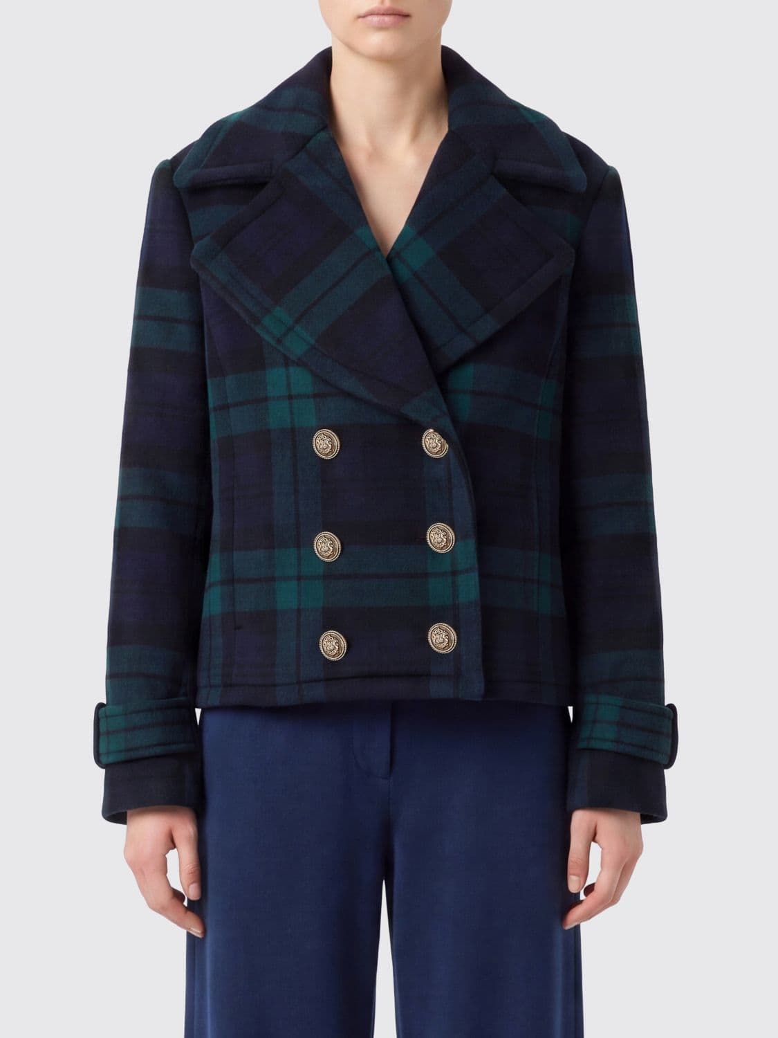 Liu Jo Tartan Double-Breasted Wool-Blend Peacoat