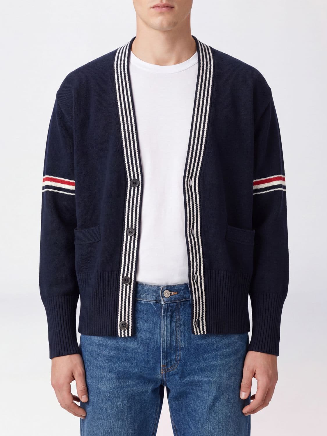 Thom Browne V-Neck Cotton Cardigan with Signature 4-Bar Stripe Detail