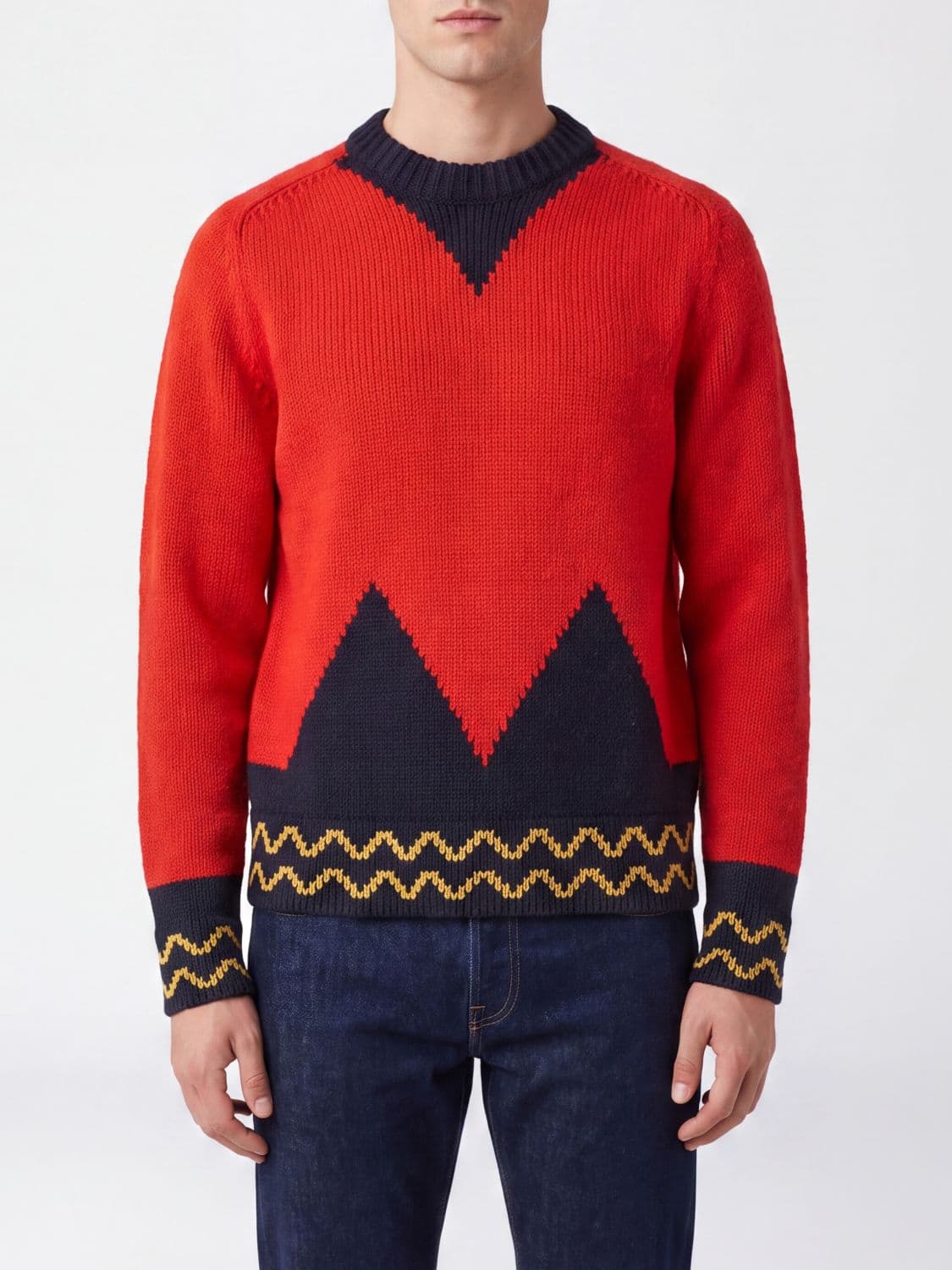 Marni Bicolour Abstract Pattern Wool Crewneck Sweater with Contrast Trim