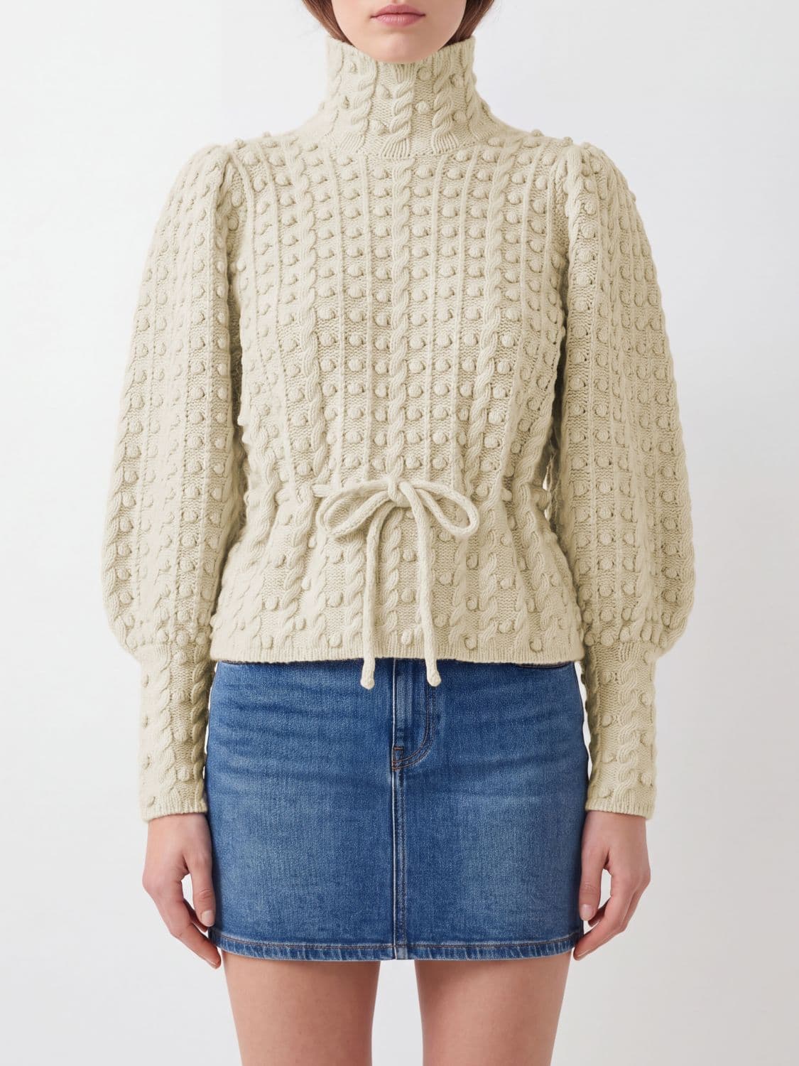 Zimmermann Balloon-Sleeve Wool Mock Neck Sweater with Tie-Waist Belt