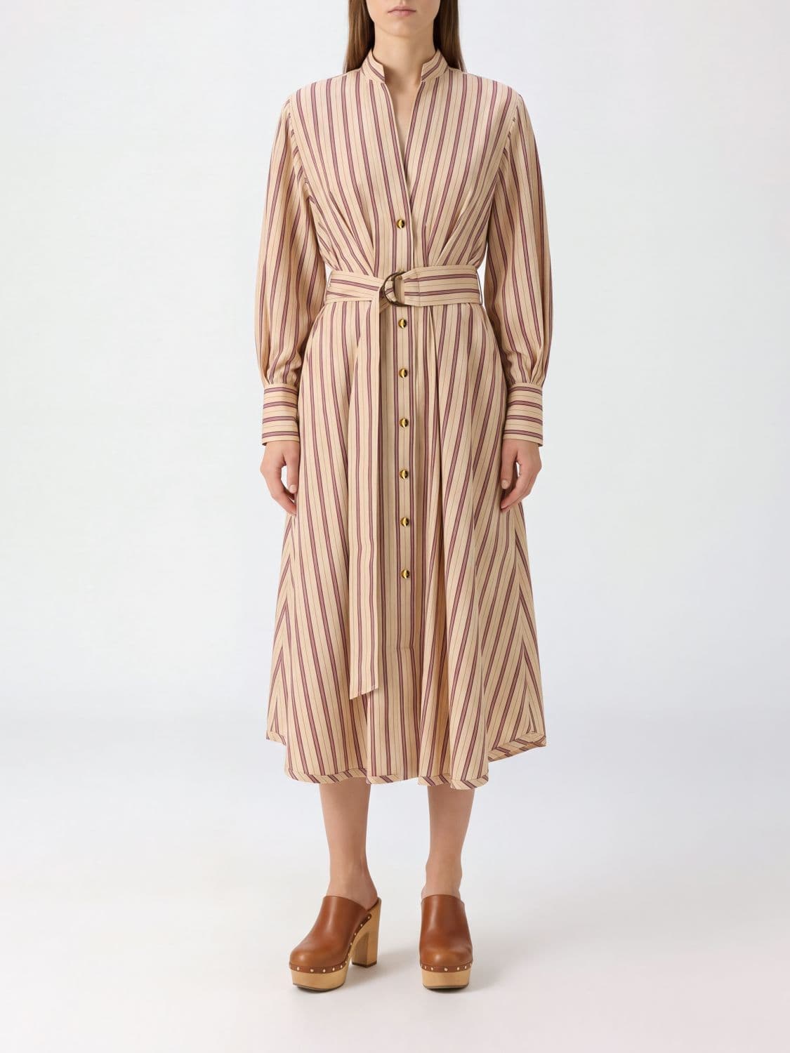 Zimmermann Valiant Striped Midi Shirt Dress with Mandarin Collar and Belt