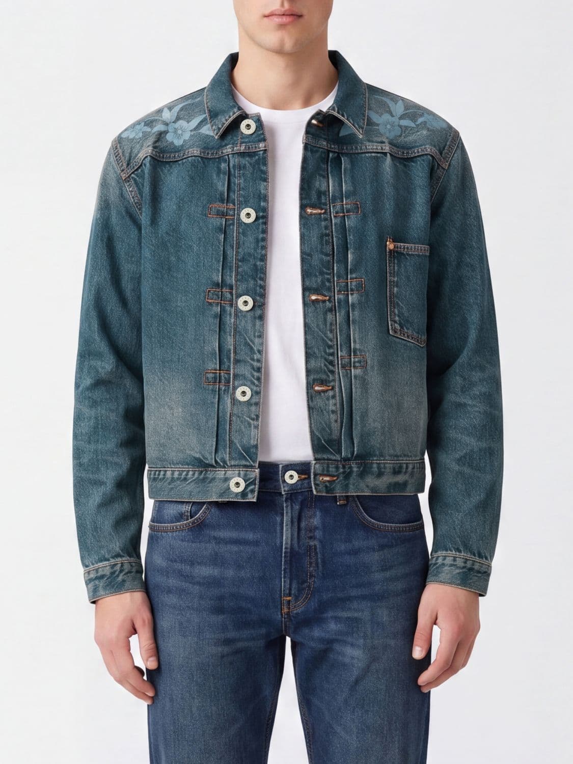 Kenzo Floral Print Cotton Denim Jacket with Patch Pockets