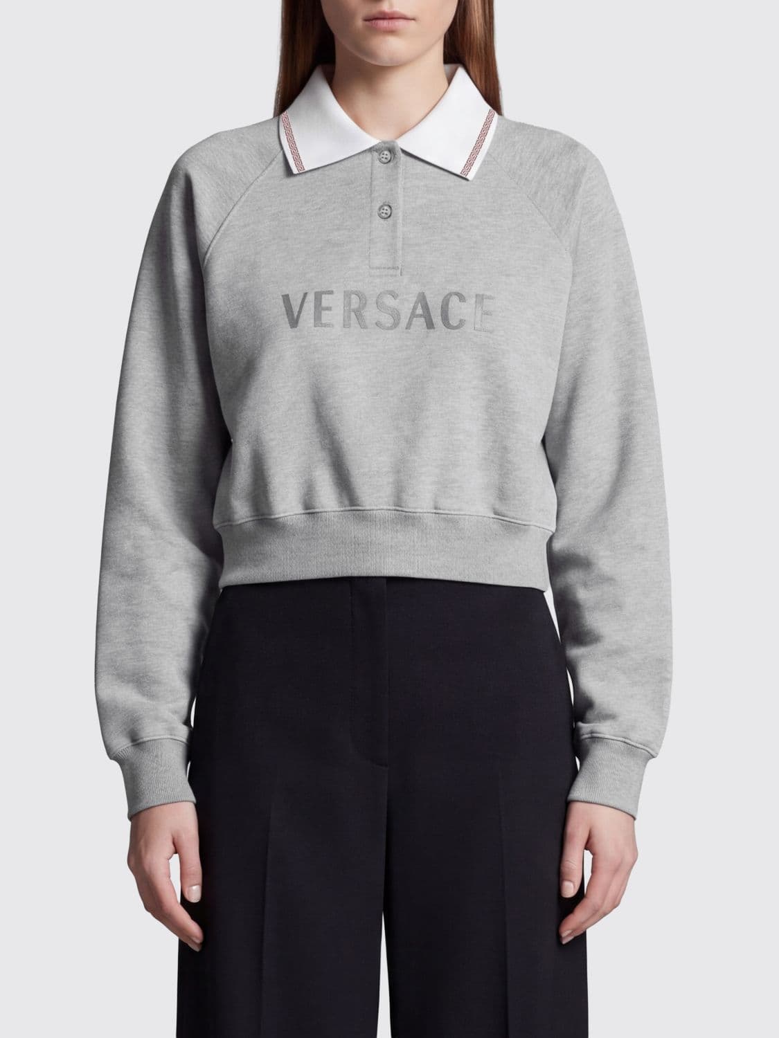 Versace Cropped Cotton Polo Jumper with Classic Collar and Contrast Logo