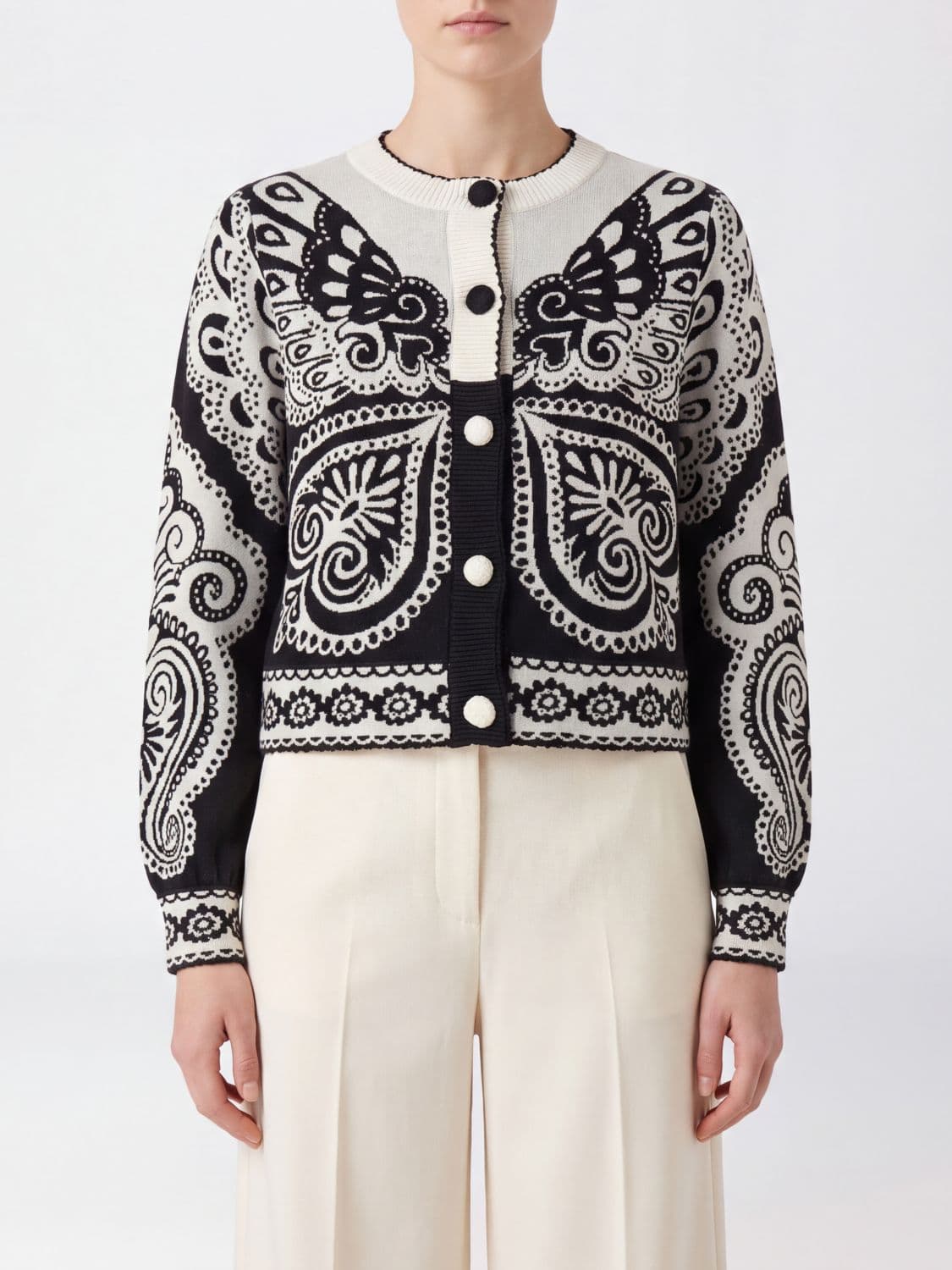 Farm Rio Abstract Jacquard Knit Crewneck Cardigan with Button Closure