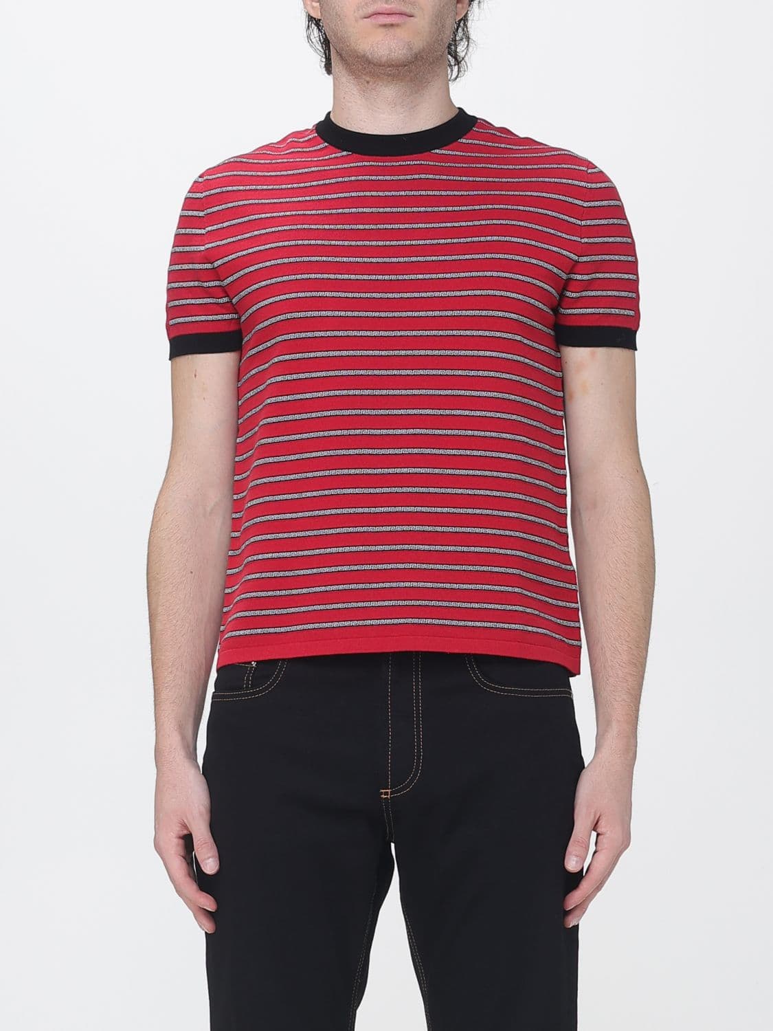Versace Striped Short-Sleeve Cotton-Blend Crewneck Sweater