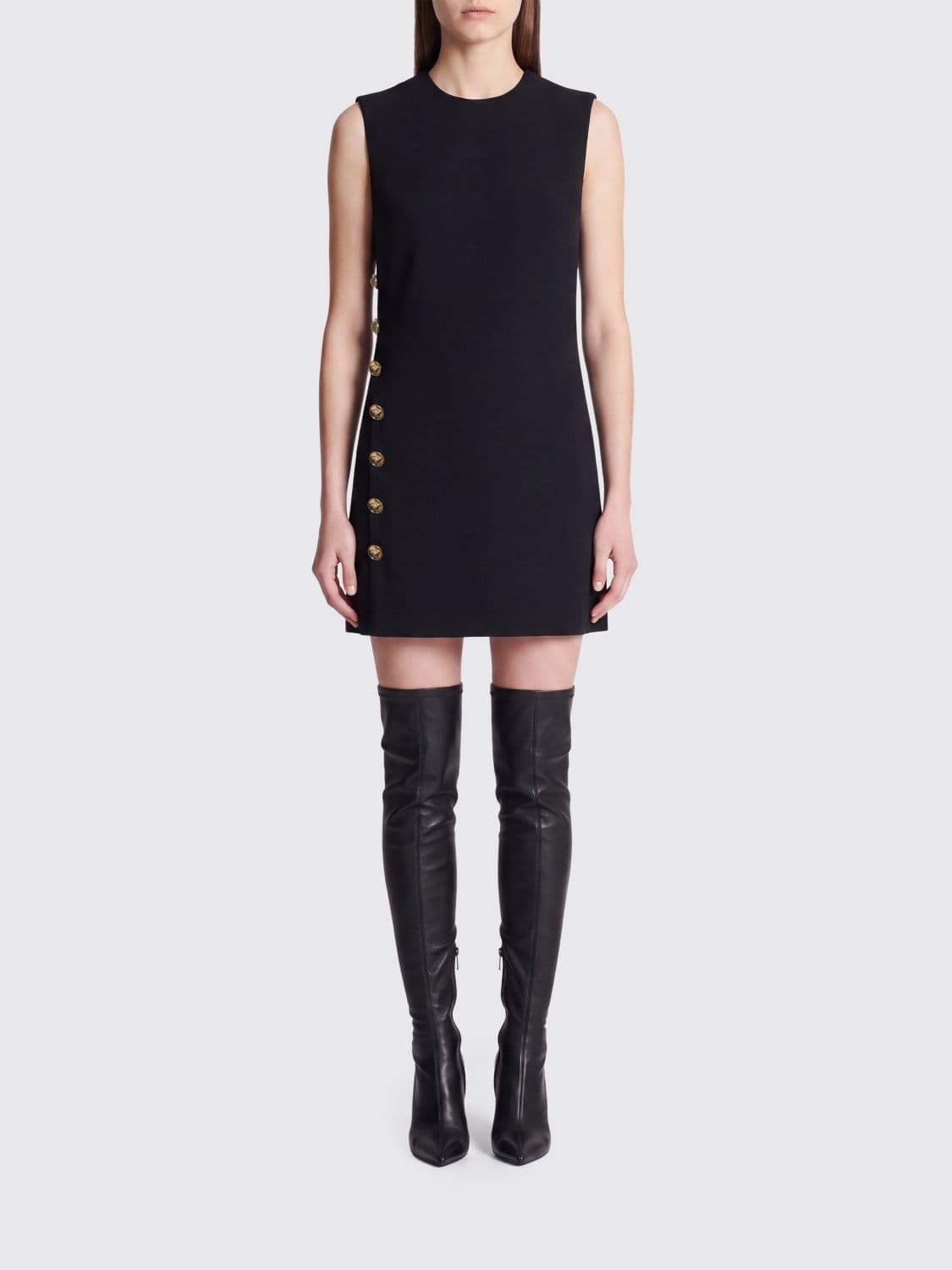 Versace Sleeveless Stretch Viscose Mini Sheath Dress with Crew Neck