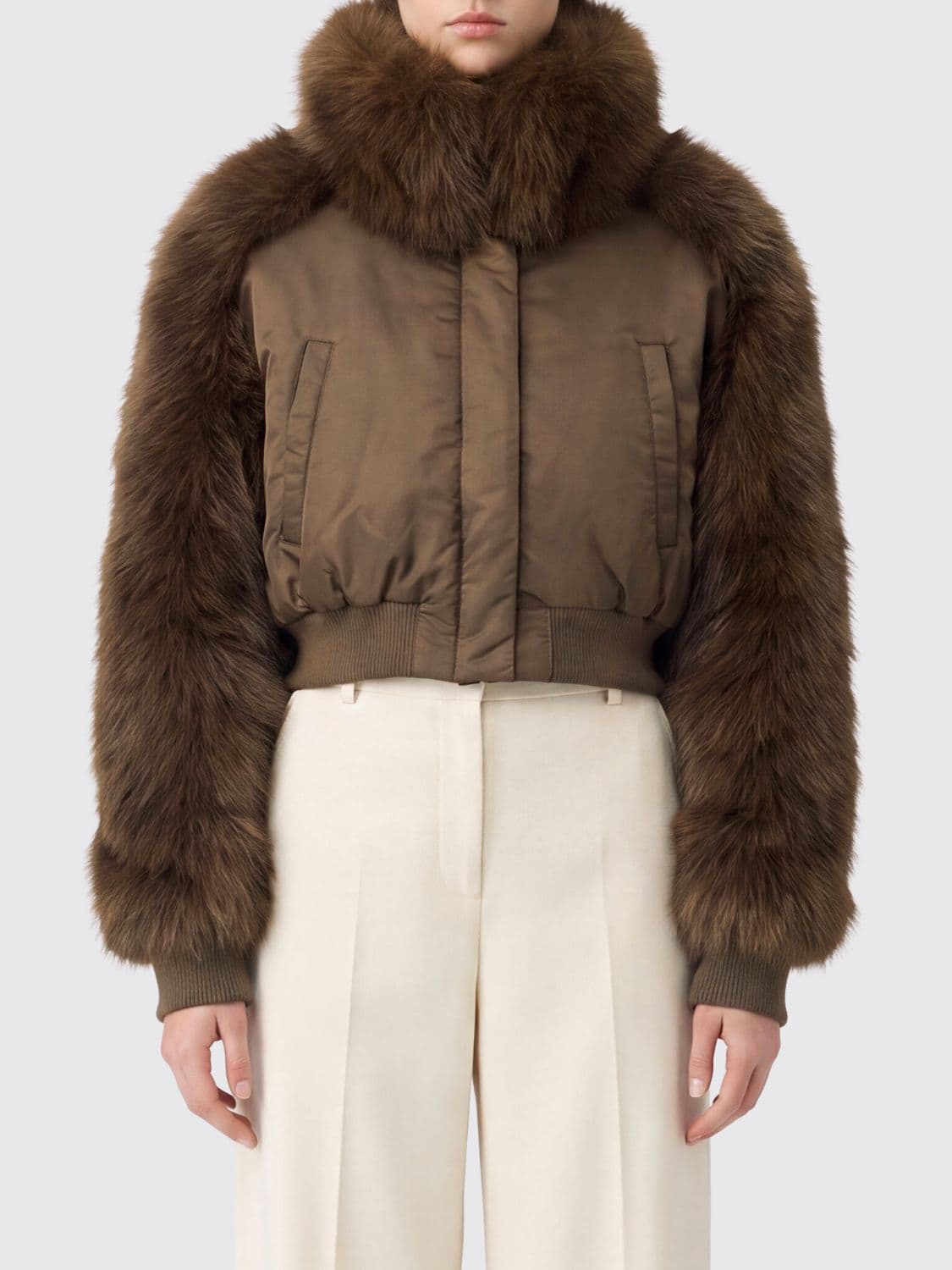 Pinko Cropped Bomber Jacket in Nylon and Satin with Faux Fur Inserts