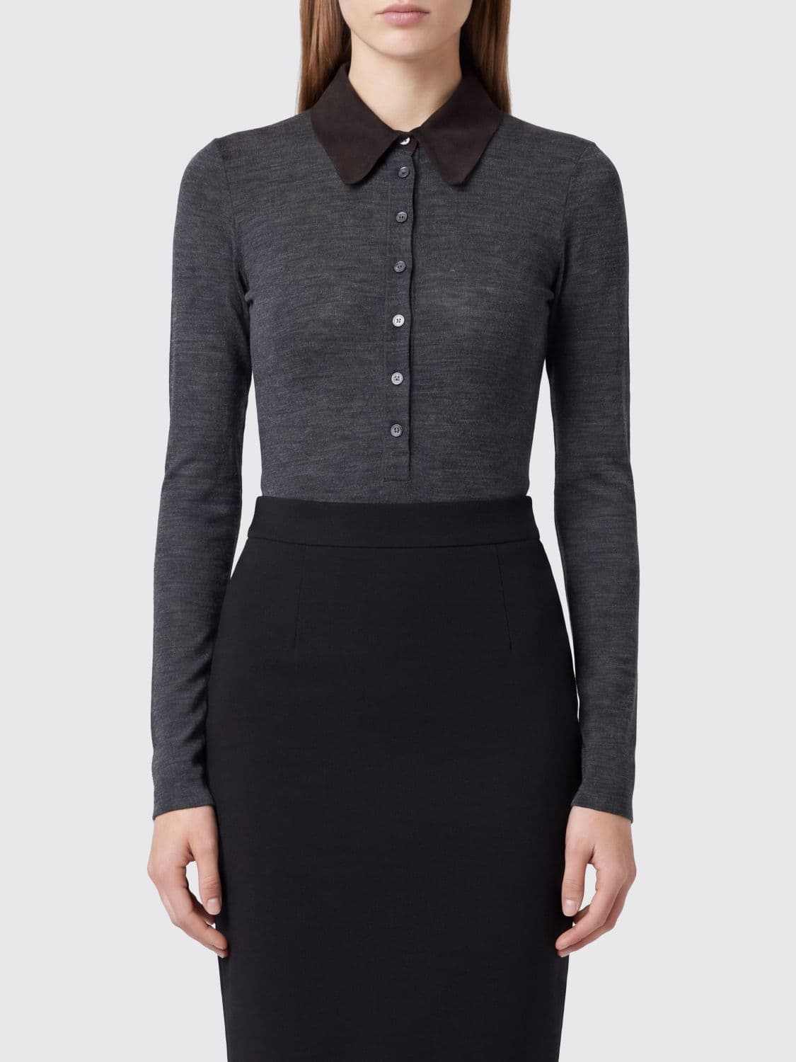 Pinko Slim Fit Wool Blend Long-Sleeved Polo Top with Buttons