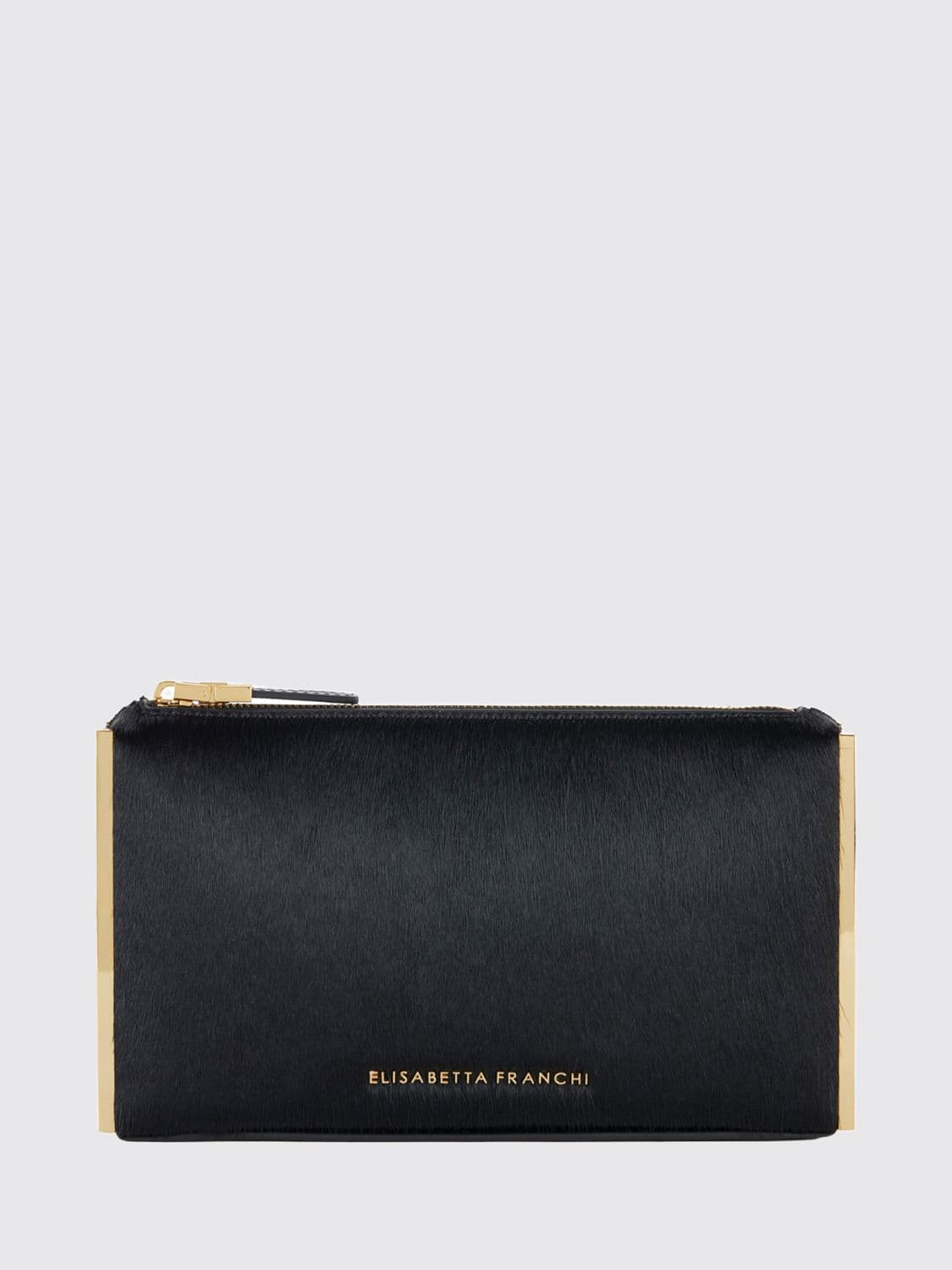 Elisabetta Franchi Rigid Pony Hair Leather Clutch with Metallic Profiles and Zip Closure