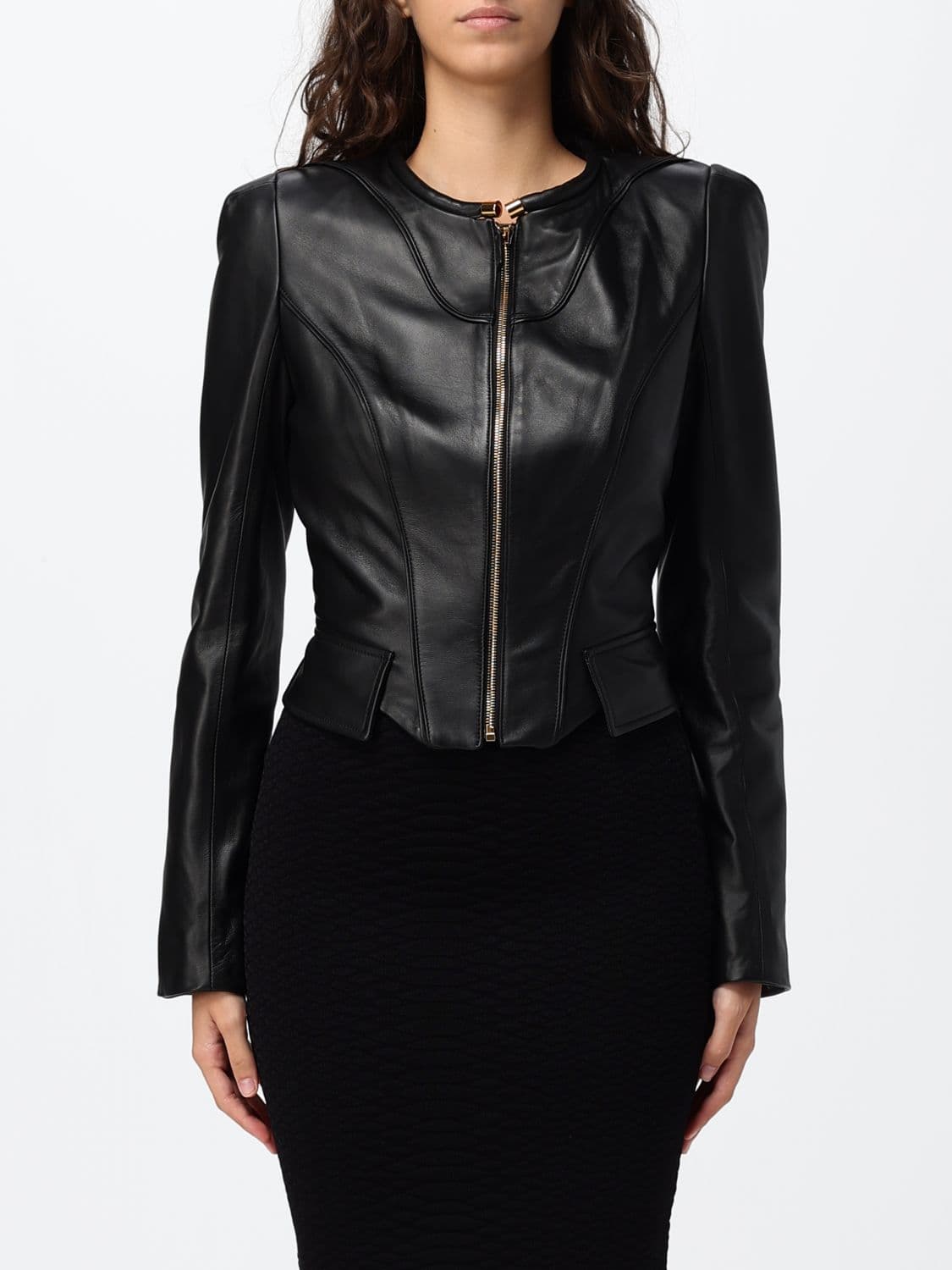 Elisabetta Franchi Slim Fit Sheepskin Biker Jacket with Zip