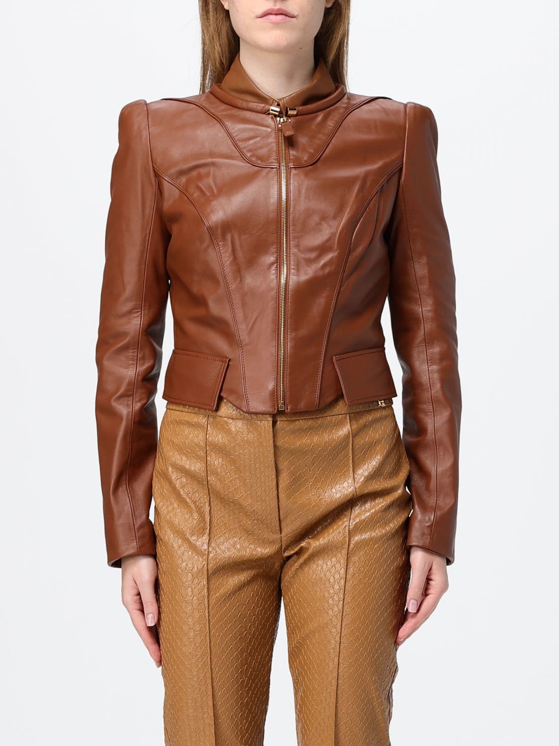 Elisabetta Franchi Slim Fit Sheepskin Biker Jacket with Zip