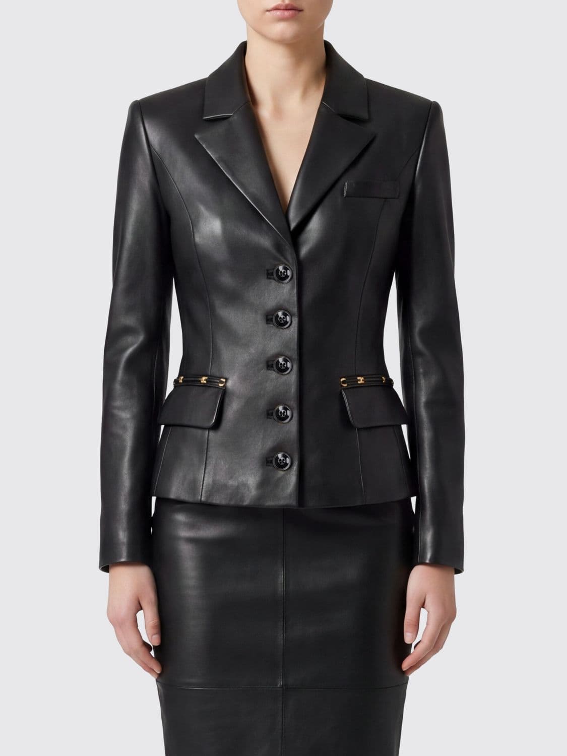 Elisabetta Franchi Slim Fit Leather Blazer with Peak Lapels
