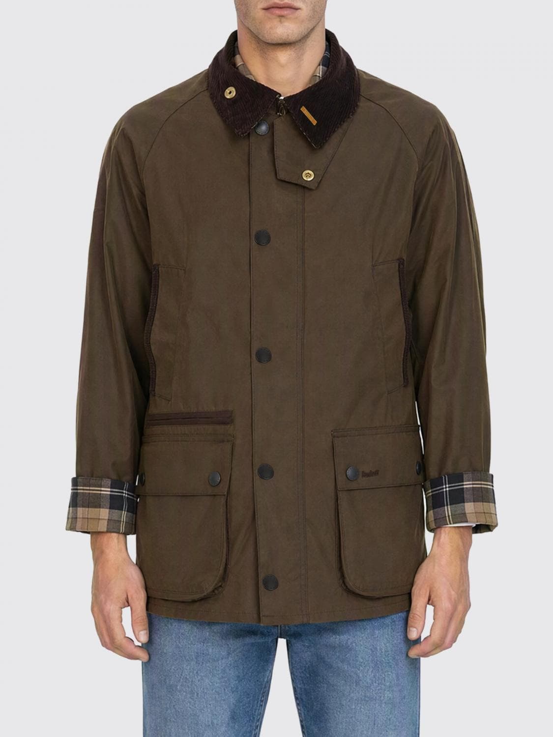 Barbour Bedale Waxed Cotton Jacket with Velvet Collar and Check Cuffs