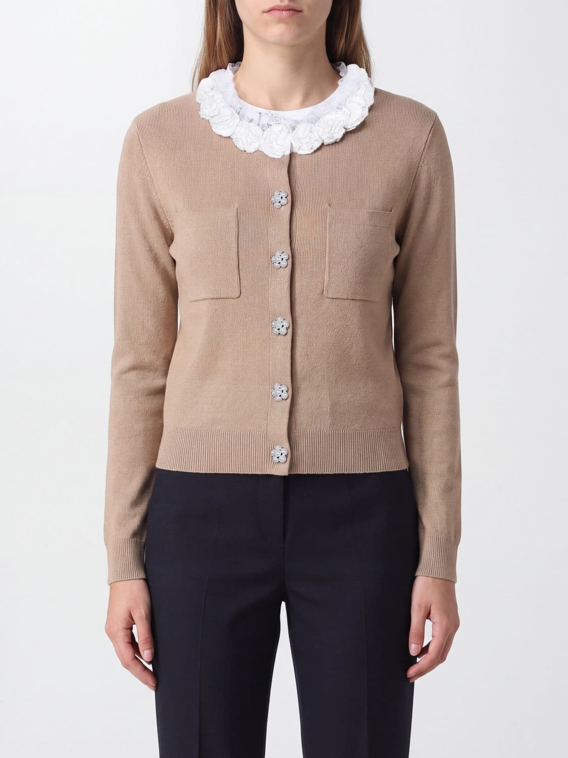 Self-Portrait Jewelled Collar Wool Blend Cardigan with Decorative Buttons
