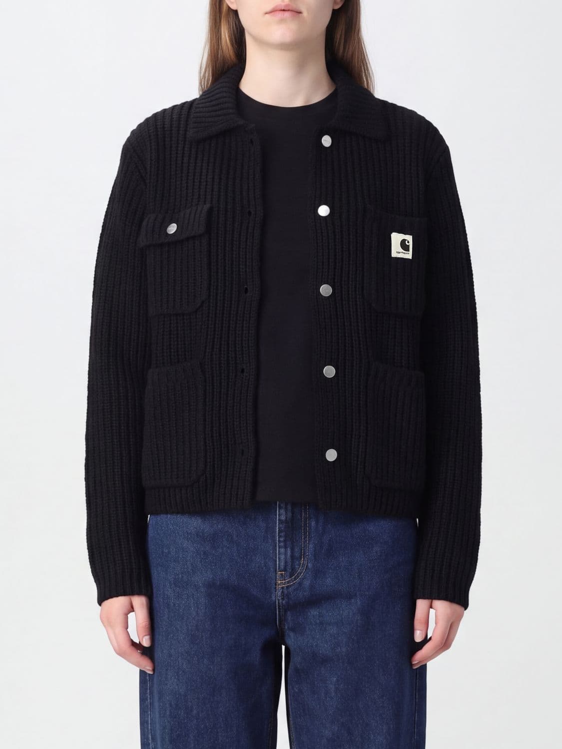 Carhartt Wip Ribbed Wool Blend Cardigan with Patch Pockets and Logo