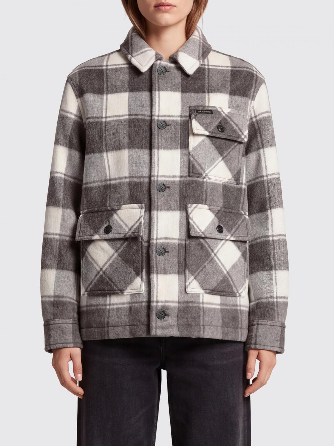 Golden Goose Check Pattern Wool Blend Shirt Jacket with Flap Patch Pockets