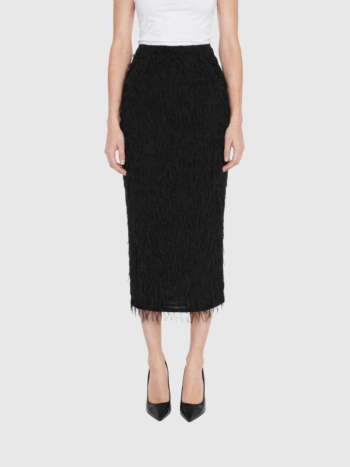 Patrizia Pepe Midi Pencil Skirt in Jersey with Fringes and Embroidery