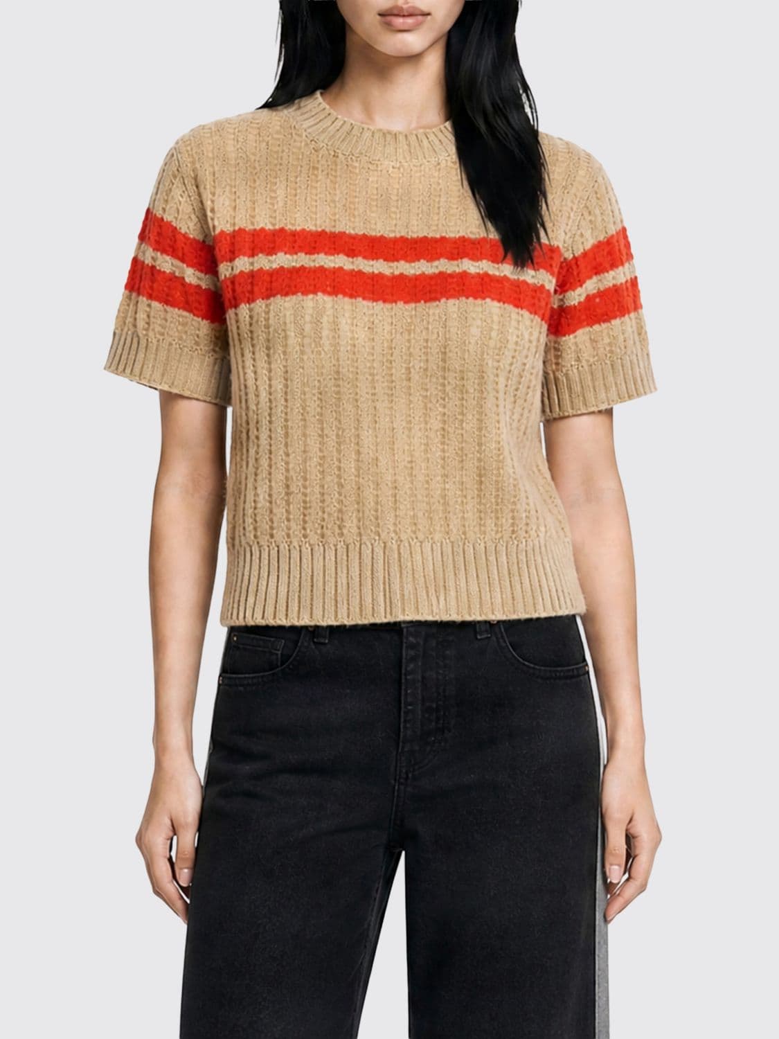 Patrizia Pepe Striped Short-Sleeved Wool Blend Jumper with Crew Neck