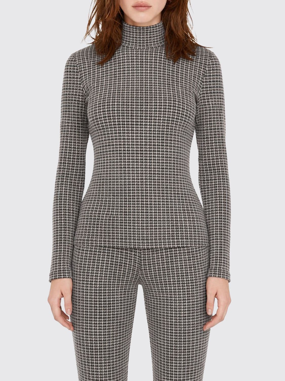 Patrizia Pepe Houndstooth Print Slim Fit Turtleneck in Stretch Jersey