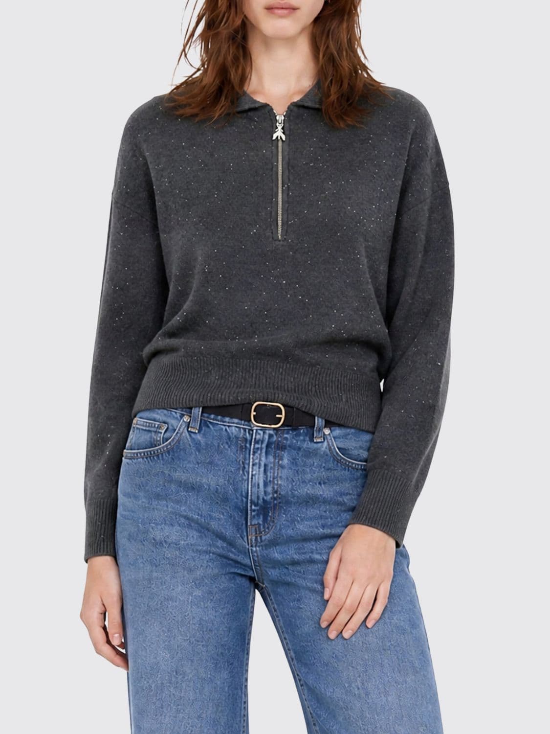 Patrizia Pepe Slim Fit Ribbed Knit Polo in Viscose with Sequins