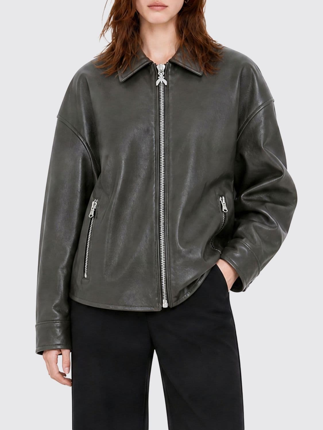 Patrizia Pepe Faux Leather Shirt-Style Jacket with Zip Closure