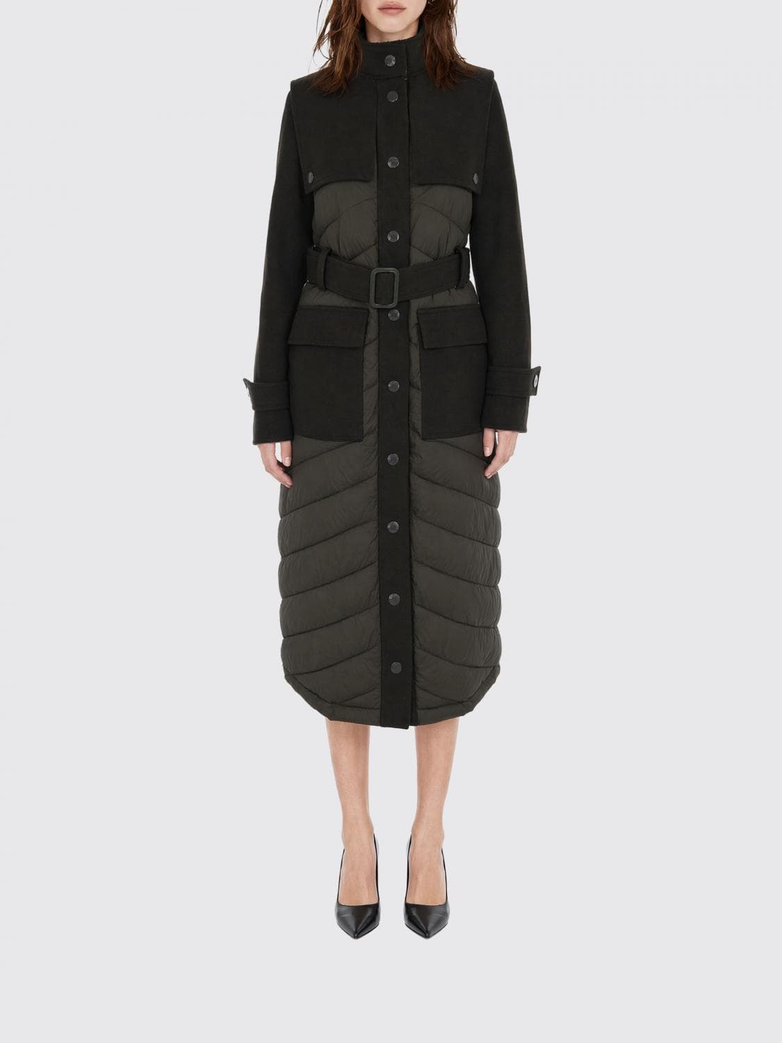 Patrizia Pepe Quilted Wool Blend Coat with High Neck and Belt