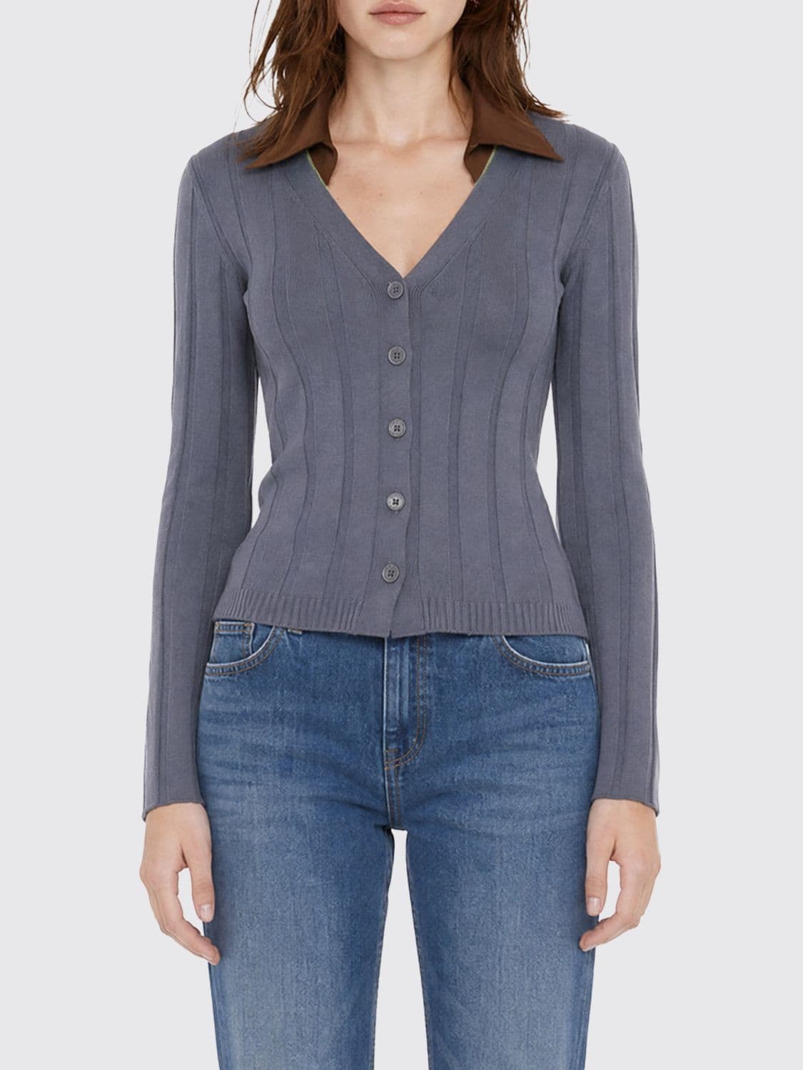 Patrizia Pepe Slim Fit Ribbed Cotton Blend V-Neck Cardigan