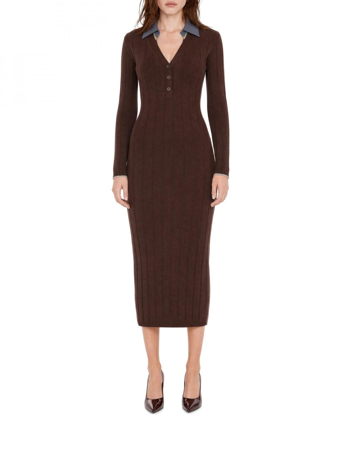 Patrizia Pepe Ribbed Knit V-Neck Midi Sheath Dress